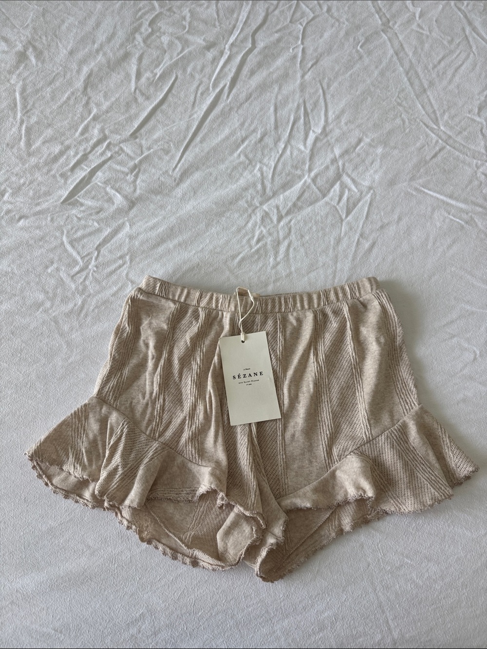 Sezane Beige Ruffle Hem Knit Shorts